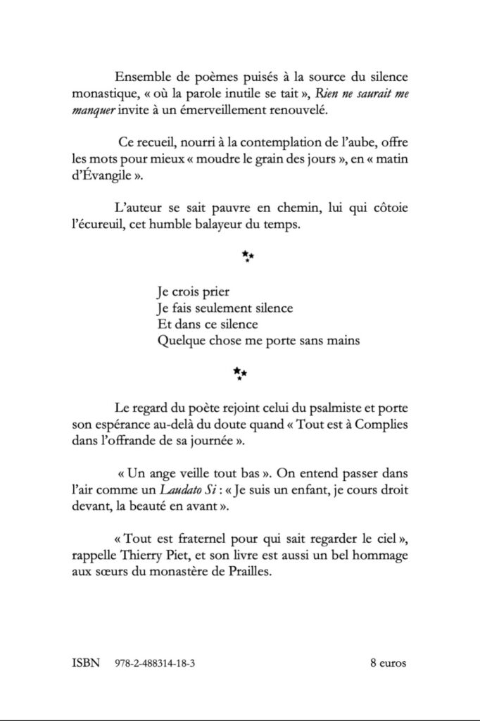 Quatrième de couverture de Rien ne saurait me manquer